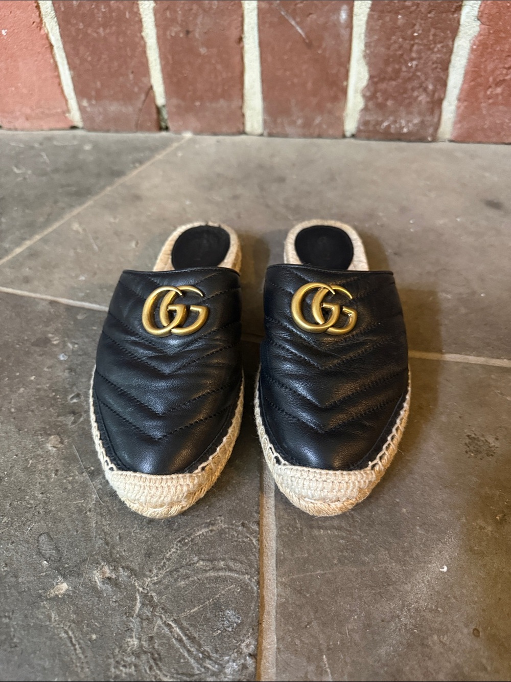 Gucci Black Quilted Leather Espadrille Mules with Gold Double G